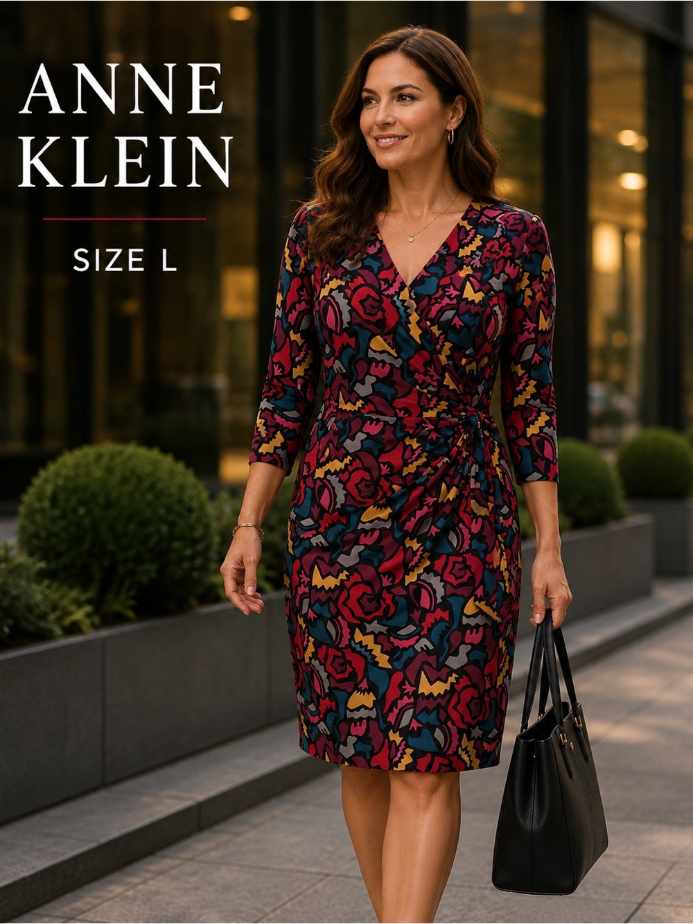 Anne Klein Faux Wrap Dress Size L Abstract Floral Stretch Career Dress